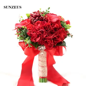 

Bridal Wedding Bouquet with Red Rose Flowers Green Leaves Pearls Hot Wedding Accessories for Bride bouquet de noiva SWB05