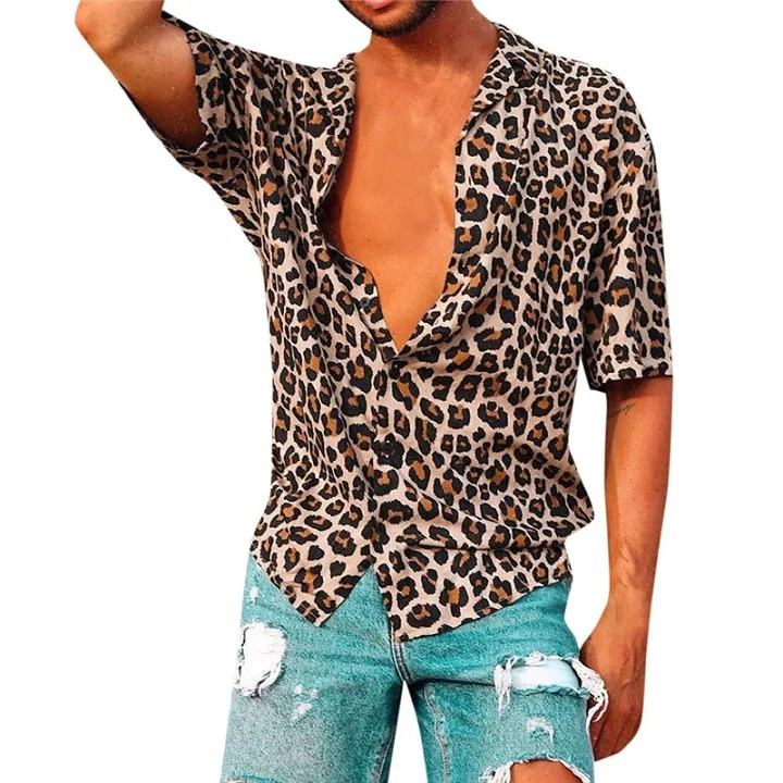 Летняя мужская пляжная рубашка с леопардовым принтом, отложной воротник, короткий рукав, повседневные мешковатые ретро рубашки, мужские блузки, топы, Camisas Masculina - Цвет: A
