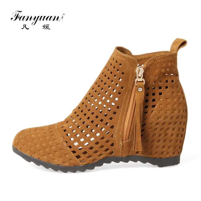 

Fanyuan Fashion sexy lady boots Breathable Height Increasing shoes women Solid Fringe Ankle boots zipper Hollow summer boots