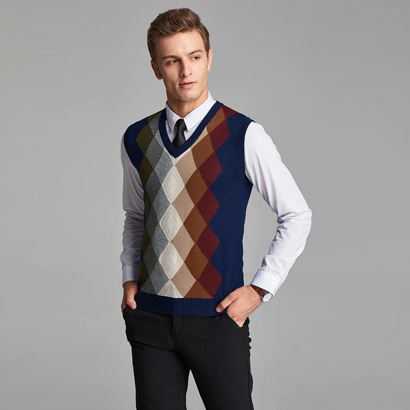 Новое поступление модный дизайн мужской v-образный вырез алмаз Аргайл узор кашемировый свитер жилет