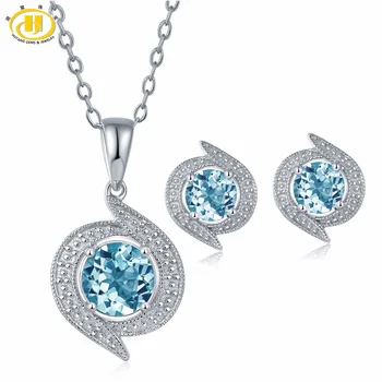 

Hutang Bridal Jewelry Sets Climate Pendant Earrings Natural Gemstone Sky Blue Topaz Solid 925 Sterling Silver Fine For Gift NEW