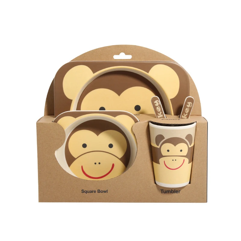 5 шт. креативная Милая мультяшная миска разделительная тарелка ложка Вилка чашка Защита окружающей среды бамбуковое волокно детская мультяшная посуда - Цвет: Monkey