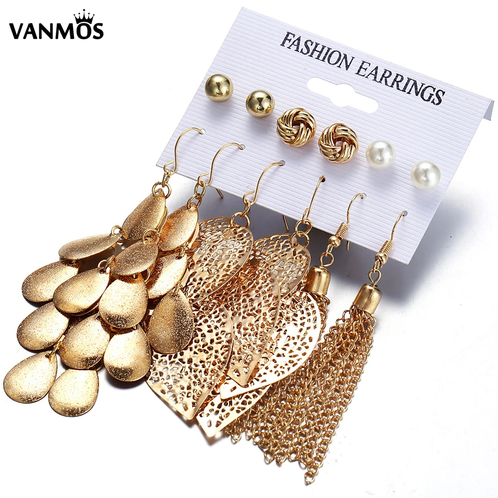 

Vanmos Fashion Metal Hollow Leaves Dangle Earrings Gold Color Weaving Chain Tassel Drop Earrings Women Statement Ear Jewelry