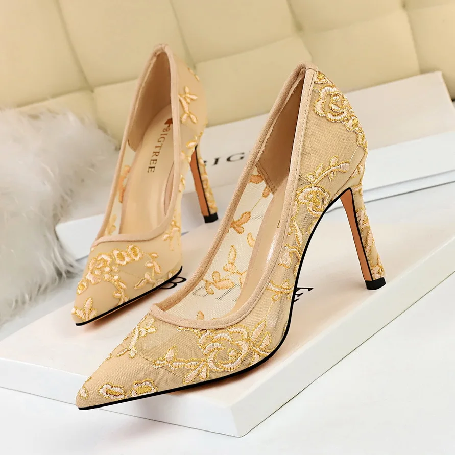 Женская обувь; туфли-лодочки с острым носком; с цветочным узором; с кружевом; на тонком высоком каблуке 9,5 см; свадебные модельные туфли; офисная обувь для вечеринок - Цвет: see chart