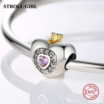

100% 925 Sterling Silver heart beads crown clear pink Zircon charms fit European Bracelet for Women Valentine'sJewelry gift