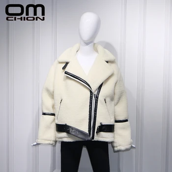 

OMCHION 2019 Autumn Winter Coat Women Motorcycle Bomber Jacket Patchwork Zipper Long Sleeve Turn-Down Collar Thick Outwear LJK41