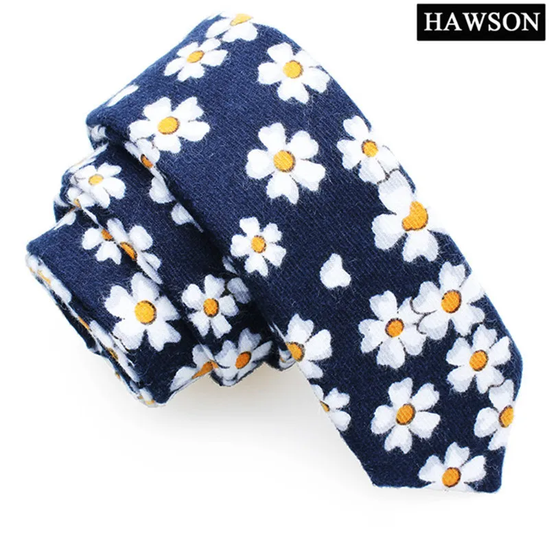 

HAWSON White&Orange Floral Cotton Tie Fashion Blue 2 Inch Necktie Skinny Slim Ties for Grooms Wedding, Neckties for Men