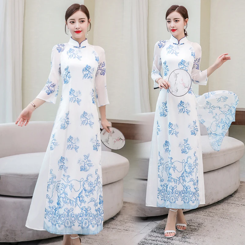 Вьетнамский aodai вьетнамский cheongsam народный стиль женское Ципао китайское платье для женщин традиционная одежда цветочный ao dai