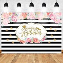 Neoback Congratulations Graduate Photography Backdrops Flower White and Black Background Graduate Party Banner Bachelor Cap