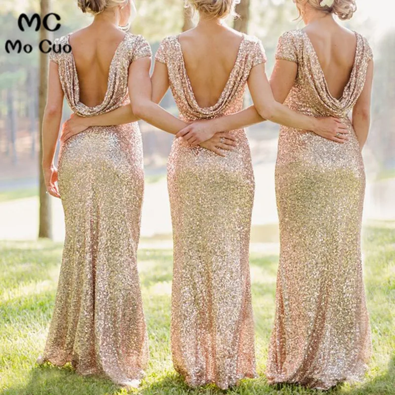 Charming Sheath Bateau Cap Sleeves Long Golden Sequin Bridesmaid Dress