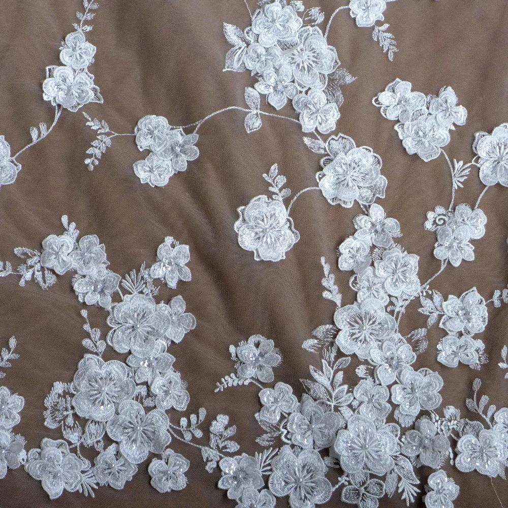 

La Belleza 1 yard Off white sequins pearls 3D flowers on mesh wedding/bridal/evening dress lace fabric 51'' width