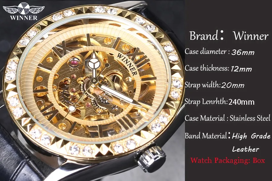 Женские часы Топ бренд класса люкс Победитель кожаный ремешок для женщин Скелет механические часы Женское платье алмаз механические наручные часы
