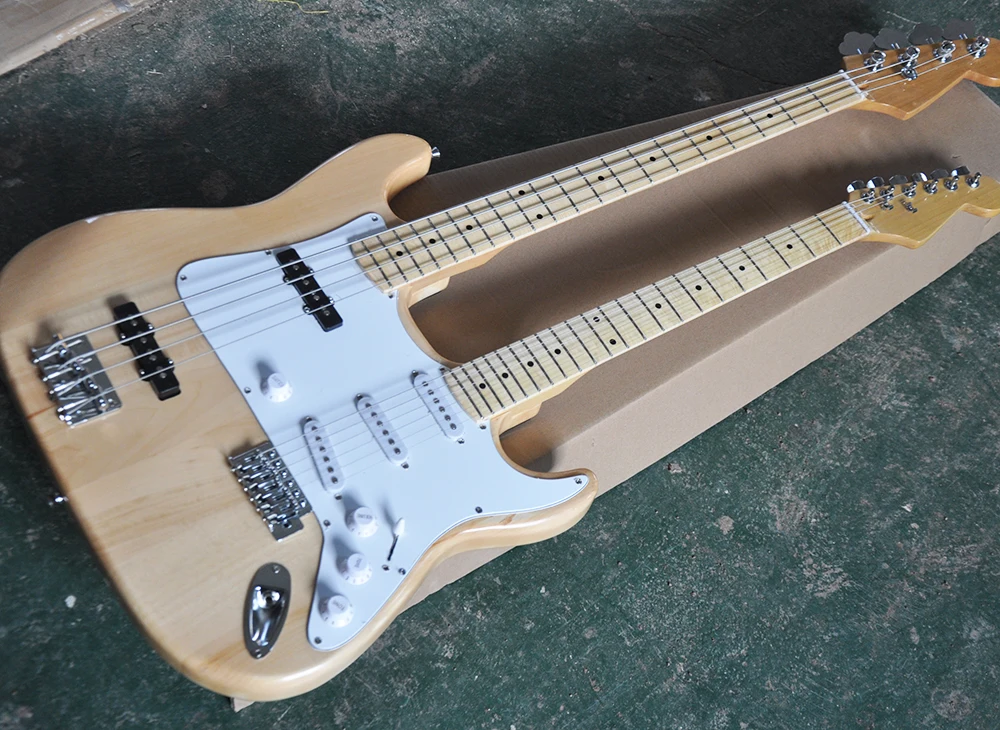 

Wholesale 4+6 Strings Milk Yellow Double Neck Electric Guitar with White Pickguard,Maple Fretboard,offering customized services