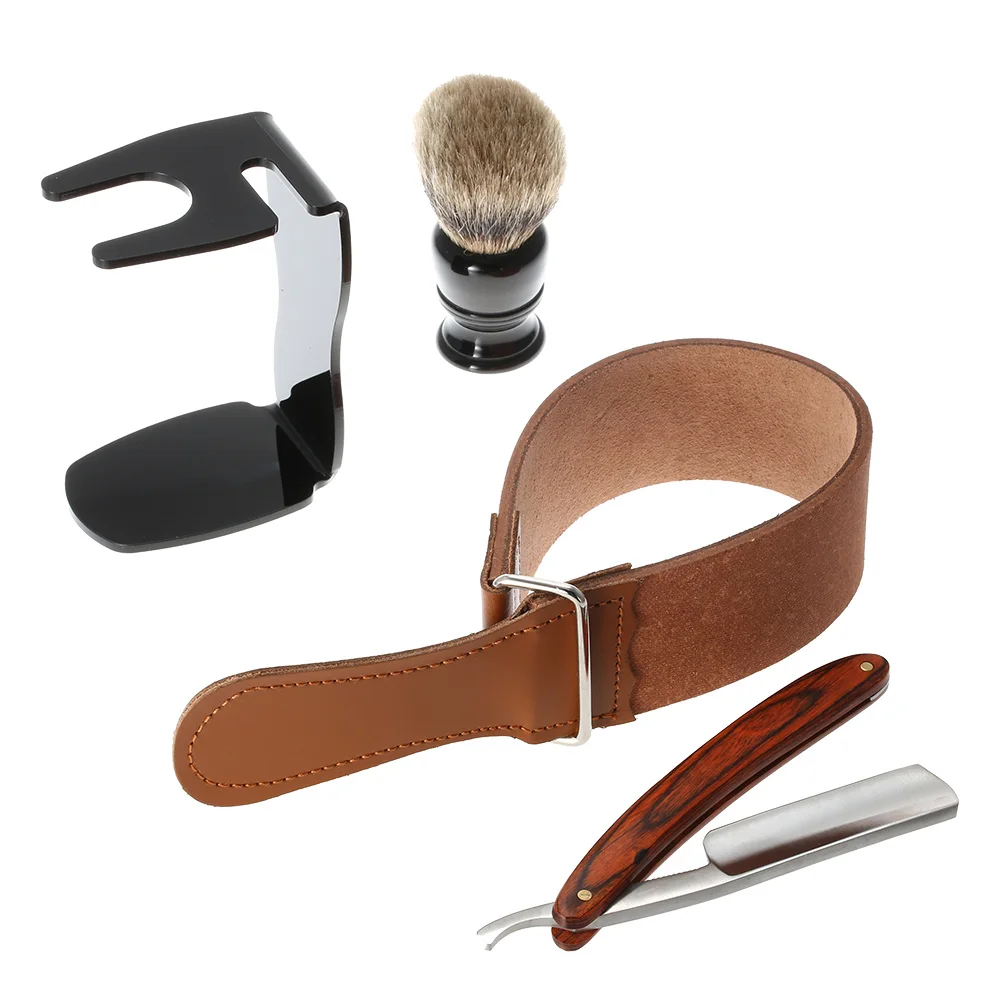 

Professional 4 in 1 Straight Razor + Shaving Brush + Brush Stand + Leather Strop Strap Man's Shaving Brush Set Razor Tools Kit
