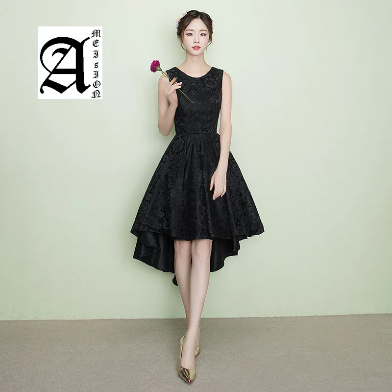 

Ameision 2019 New Style Short Front Long Back Prom Party Dress Elegant O-neck Simple Banquet Dresses Black Lace Evening Dress