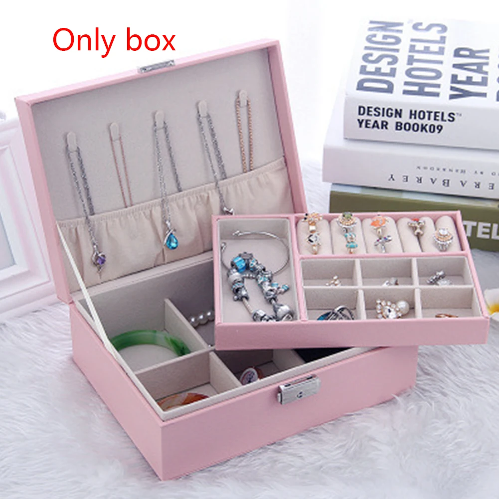 

PU Leather Home Women Double Layer Large Capacity Storage Case Diamond Compartments Earrings Solid Jewelry Box Ring Necklace