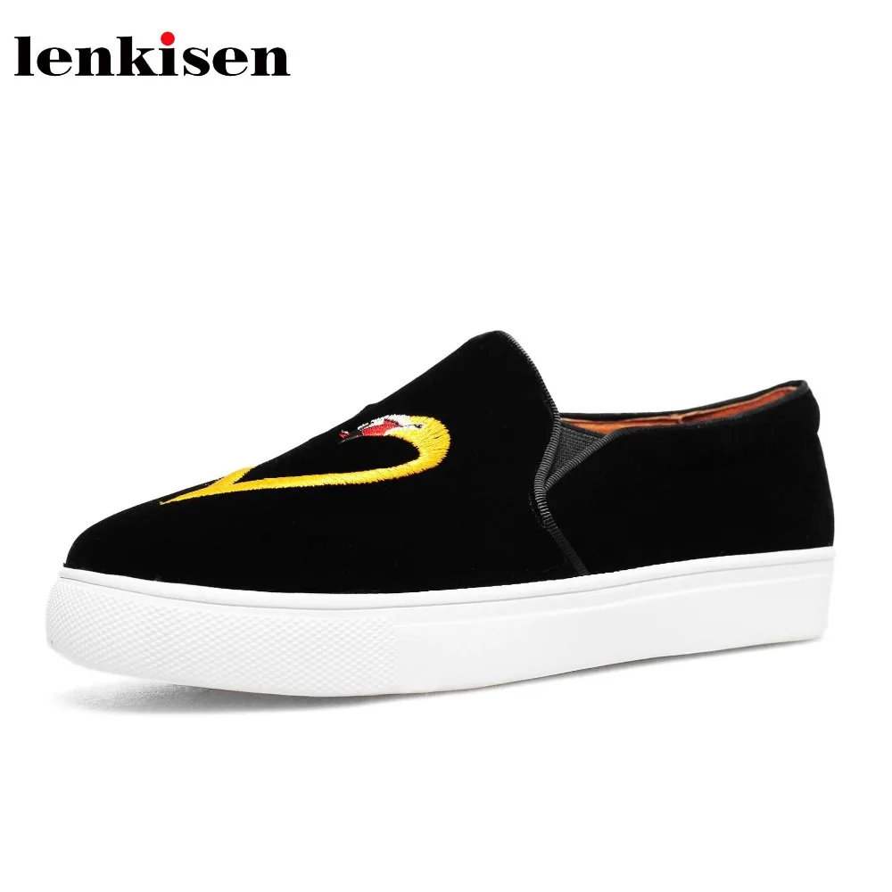 

Lenkisen big size velvet round toe sneaker slip on causal shoes low heels increased running embroider women vulcanized shoes L52