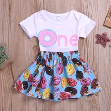 Летняя одежда для маленьких девочек из 2 предметов комбинезон с короткими рукавами и принтом+ юбка с принтом пончика Одежда для новорожденных