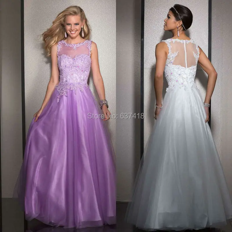 

White Purple Evening Dress Prom Dress with Crystals and Sequins Lace Appliques Illusion Back Vestido Formatura Longo