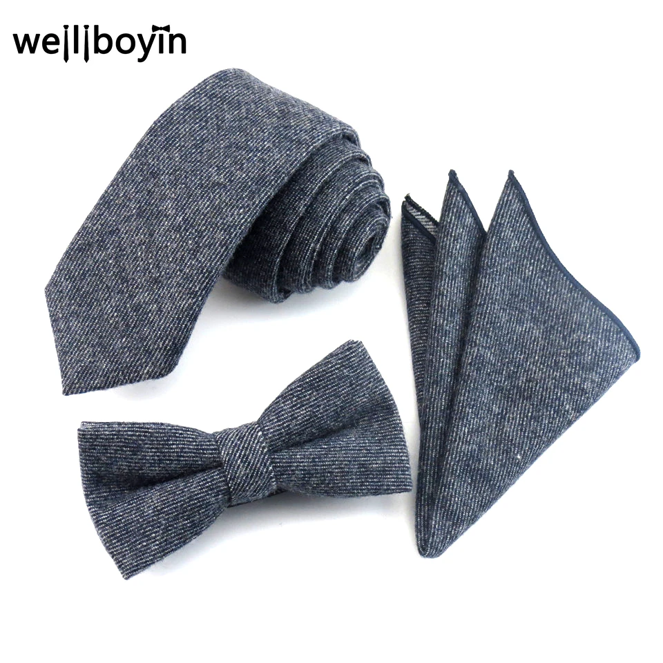  6cm Navy Blue Necktie Bowtie Pocket Square 100% Wool Tie Set Handkerchief Ties For Men Wedding Dres