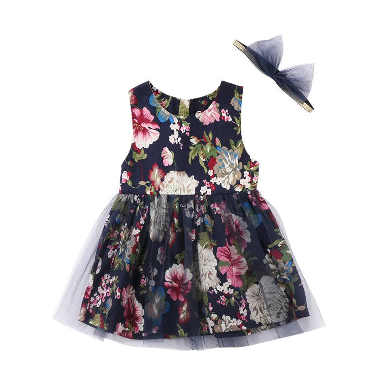 

Cute Baby Girl Dress 2018 Summer Fashion Baby Girls Floral Printed Dresses+Headband Party Sleeveless Lace Tulle Dress Vestidos