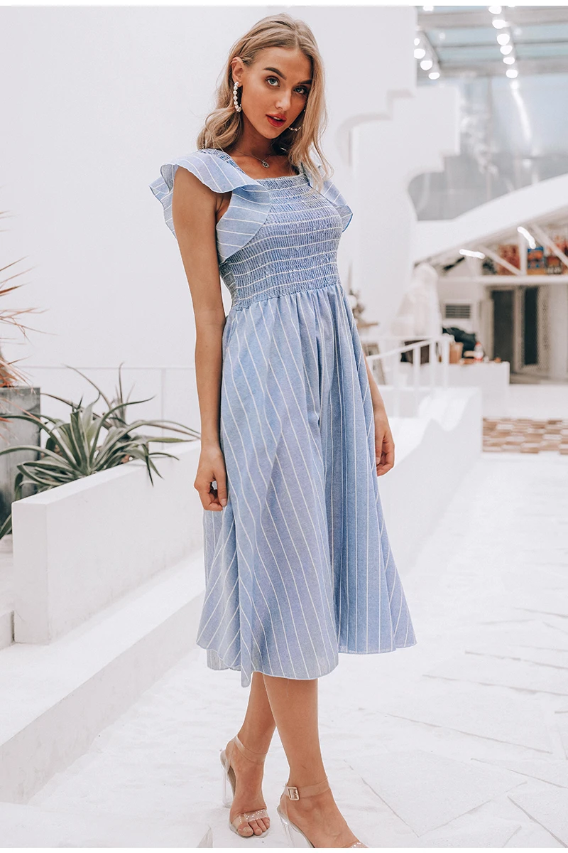 Vintage Striped Women Long Dress Ruffle Linen Blue Elegant Summer Dress