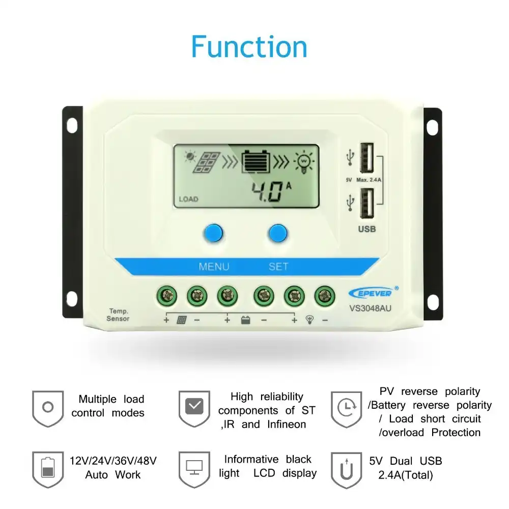 Regolatore di carica solare 20A 30A 60A 80A Pannello Solare 12V 24V 36V 48V DC con 5V 2A USB 30 A