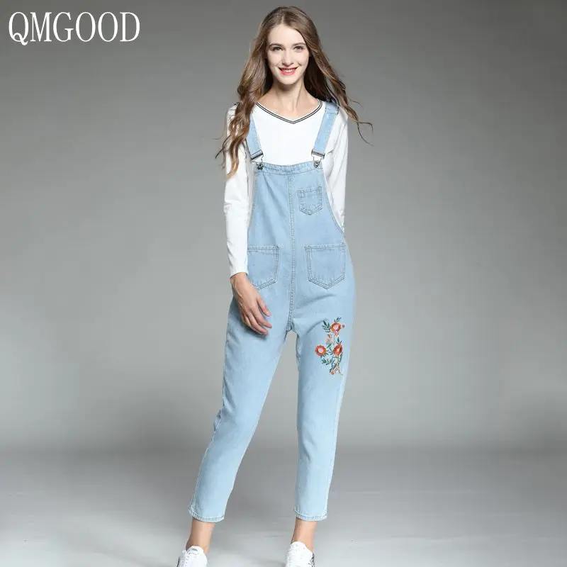 QMGOOD 2018 женские джинсовые комбинезоны плюс размер 5XL повседневные ремни Цветочные вышитые модные джинсы для мам Комбинезоны женские s джинсы