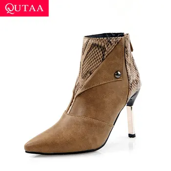 

QUTAA 2020 PU Leather Fashion Mixed Color Snakeskin Women Shoes Sexy Pointed Toe Thin High Heel Zipper Ankle Boots Size 34-43