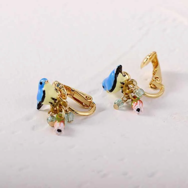 Amybaby Ручной Работы Дизайнерские эмалированные глазурь синяя птица цветок висячие серьги ожерелье ювелирные изделия для вечерние - Окраска металла: clip earring 4