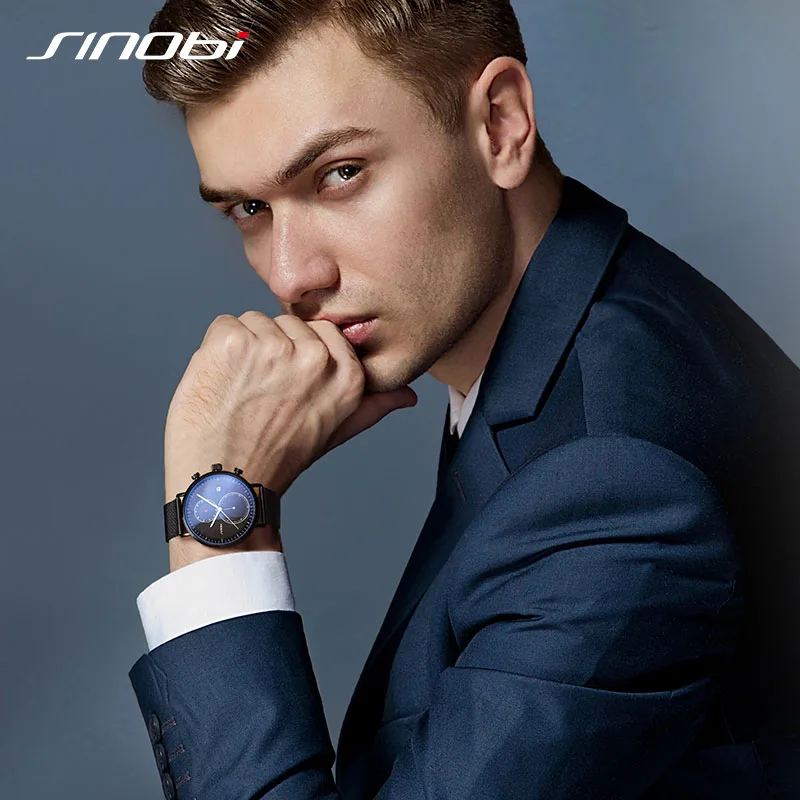 SINOBI Chronograph Quartz Men Watch Luxury Brand Stainless Steel Business Wrist Watches Men Clock Hour Time Relogio Masculino