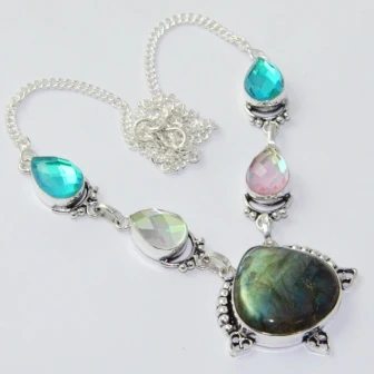 

Labradorite & Rainbow Topas Necklace Silver Overlay over Copper, 47 cm, N2097