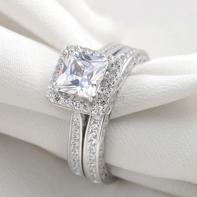 ship from us silver plated aaa cz princess cut wedding ring set engagement band classic jewelry - Princess Wedding Ring ship from us silver plated aaa cz princess cut wedding ring set engagement band classic jewelry - Princess Wedding Ring