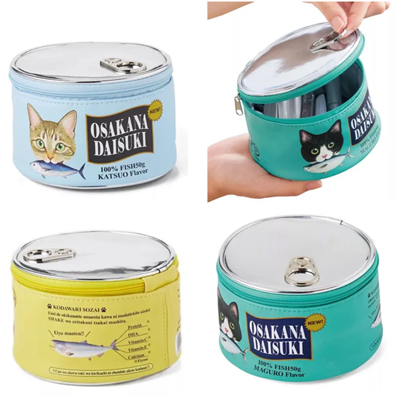 

Cute Cat Fish Canned Makeup Pouch Cosmetic Bag PU leather Creative Women Beauty Case Storage Bag Travel Toiletry Bag