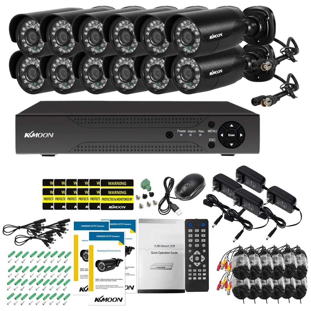 KKmoon 16CH 1080P 5-в-1 цифровой видео Регистраторы+ 12*720P AHD камера видеонаблюдения Камера+ 12* 60ft кабель наблюдения для видеонаблюдения Системы
