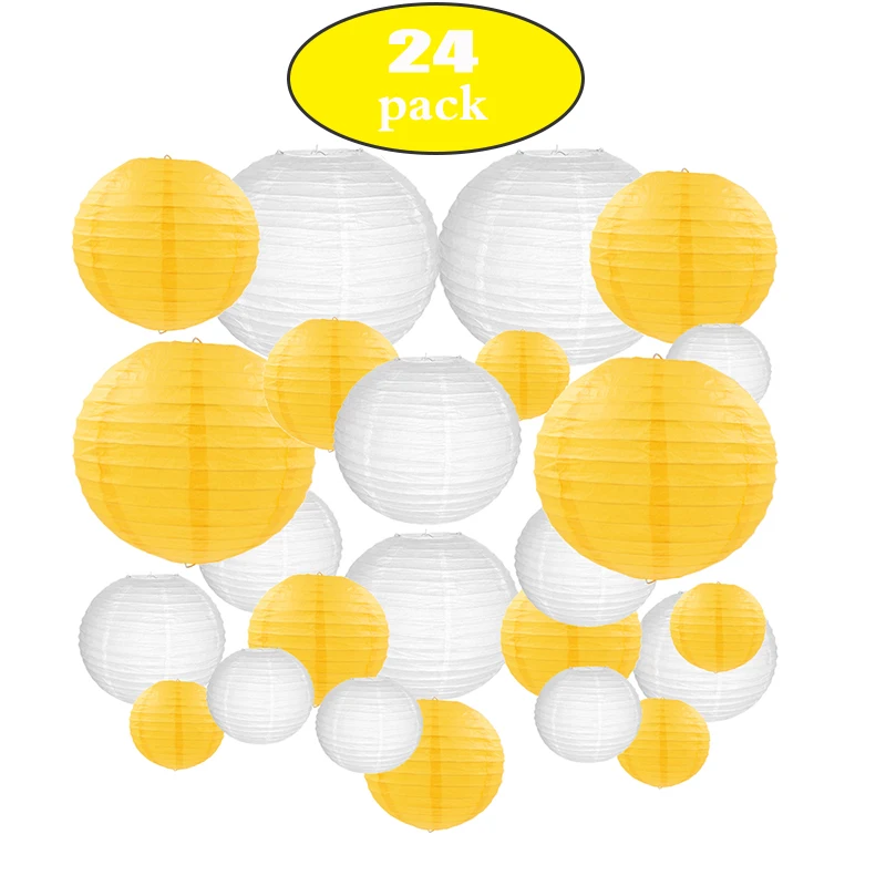 

24 Pcs/set 6"-12" White Yellow Chinese Paper lampion Lanterns Assorted Sizes Wedding Hanging Decor boule chinoise papier mariage