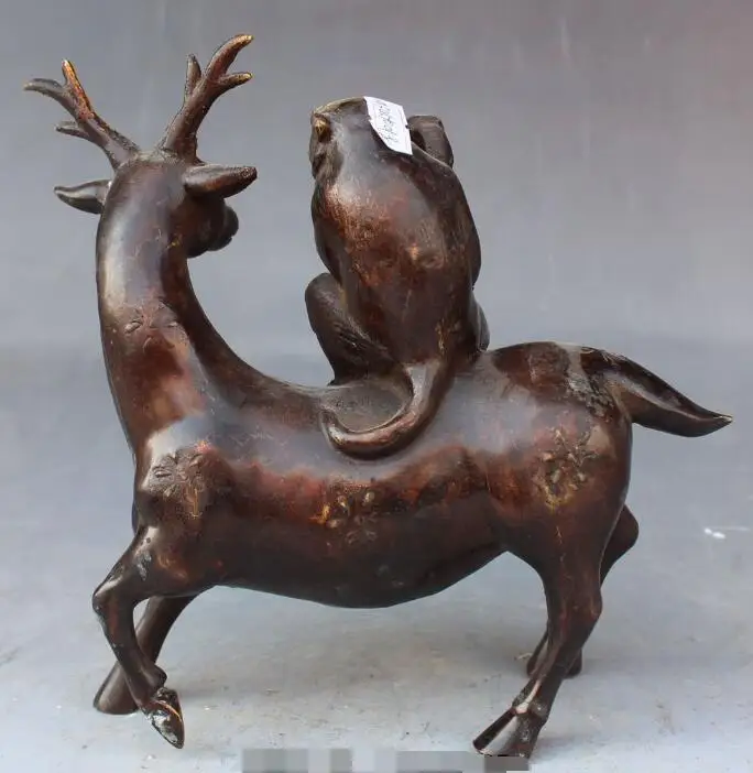 

S1004 9" Old Chinese Bronze Gilt Folk Ru Yi Wealth Monkey Ride Sika deer Animal Statue