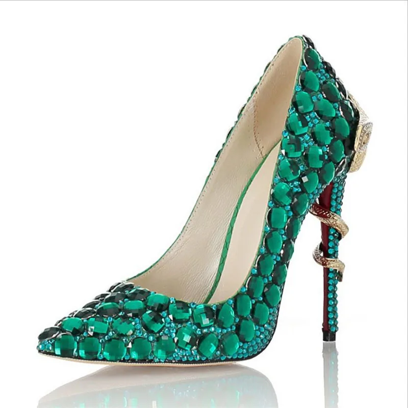 Wedding Pumps Women 11cm High Heels Crystal Shoes Snake Heels Green Rhinestone Luxury Stiletto