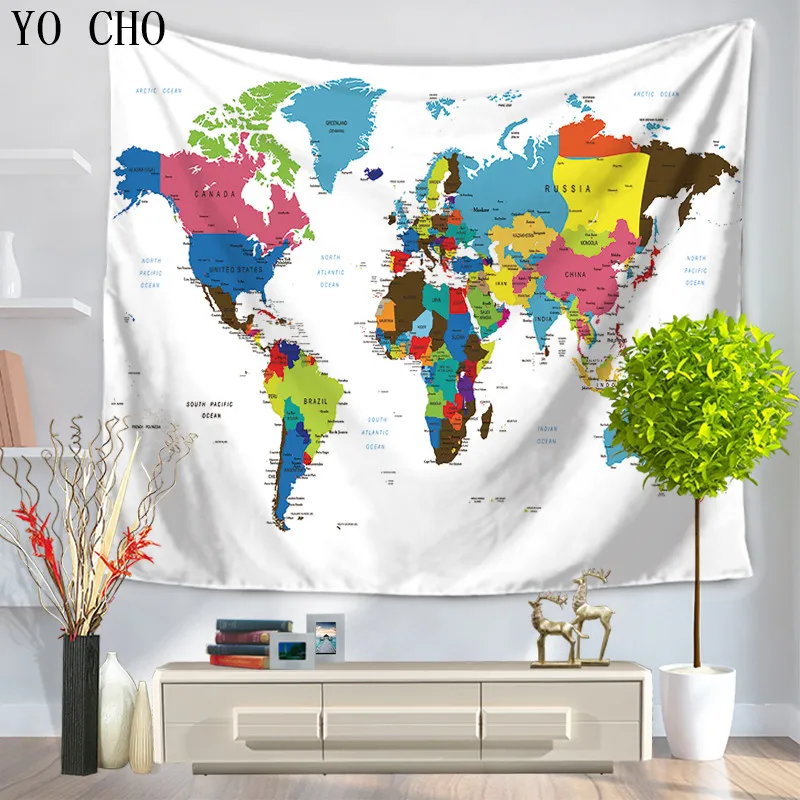 YO CHO World Map Indian 3d Digital Hippie Wall Tapestry