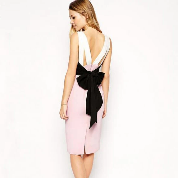 

Queechalle New Fashion OL Working Women Dress Summer Sleeveless Elegant Bodycon Dress With Bowknot Backless Casual Vestidos