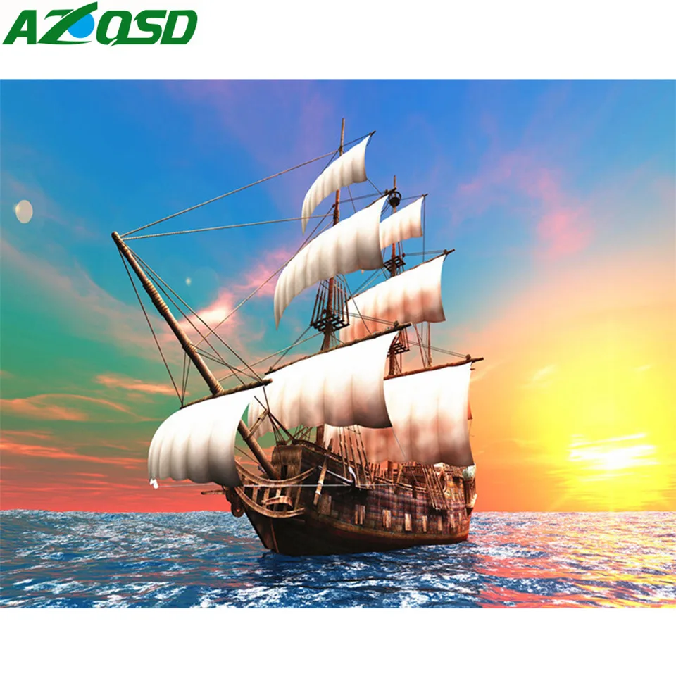 

AZQSD Diamond Painting Sailboat Cross Stitch Home Decor Diamond Embroidery Landscape Rhinestones Picture Of Rhinestones Gift