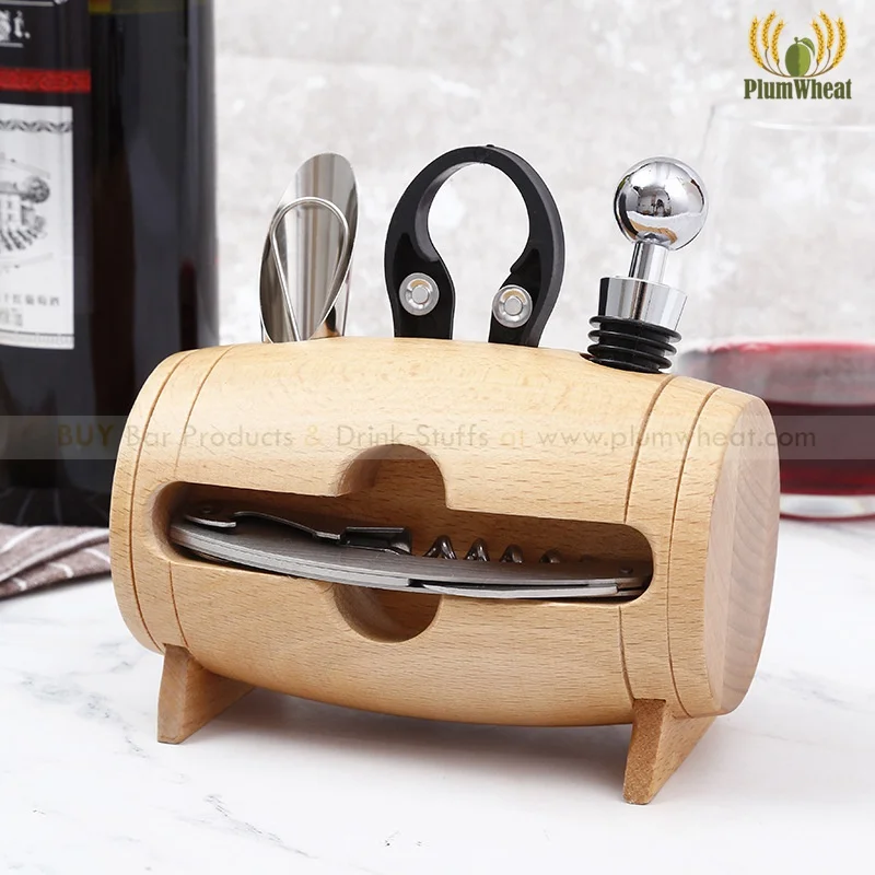 

4 Pieces Bar Tool Set Wine Bottle Opener with Wood Box Stand