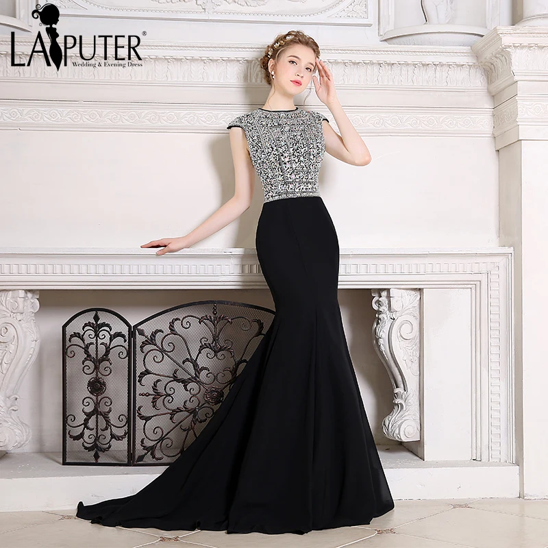 

Vestidos de formatura Crystal Beads Chiffon Long Elegant 2017 Black Sexy Mermaid Prom Evening Dress robe de soiree courte