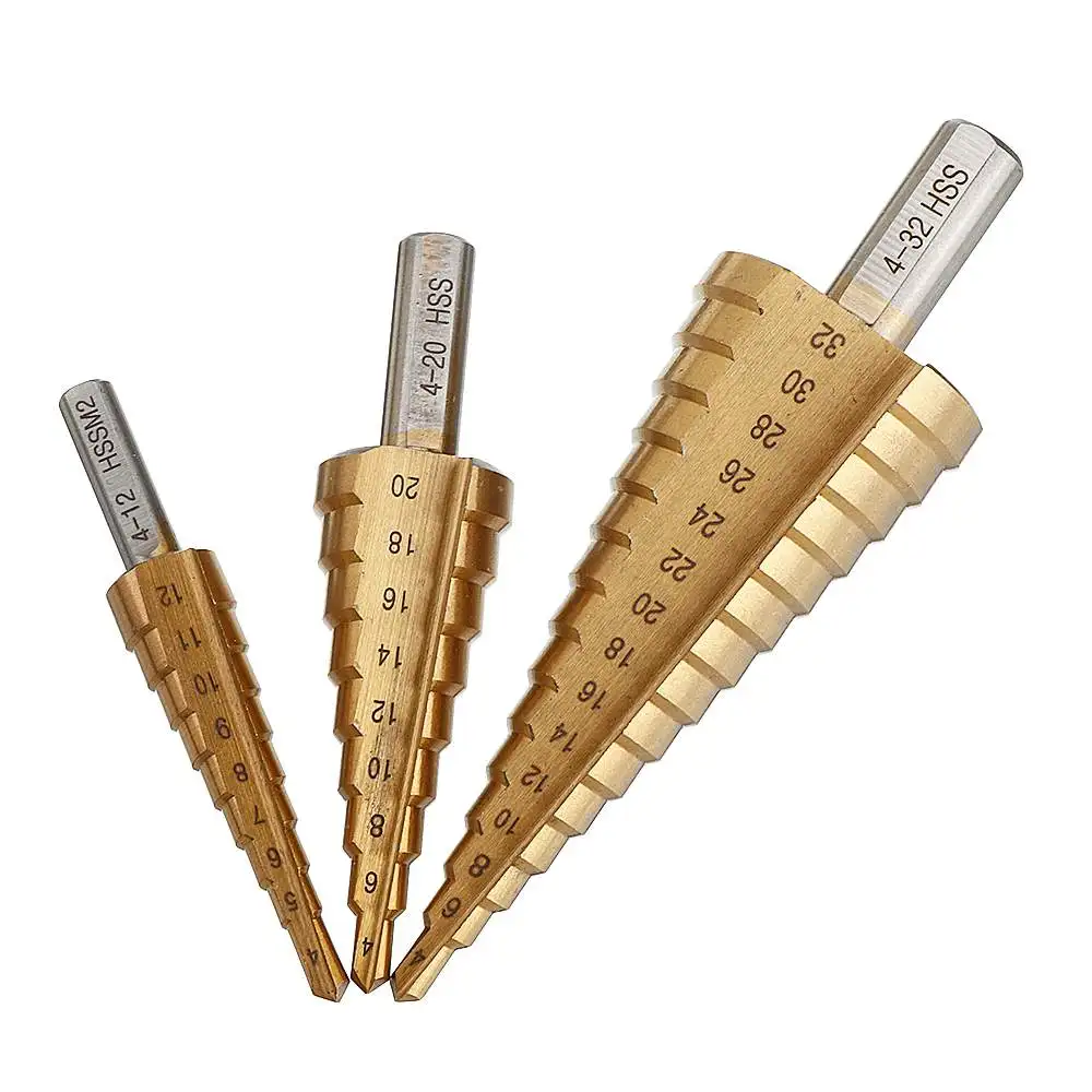 

Drillpro 4-12/4-20/4-32mm HSS Step Cone Taper Titanium Drill Bit Set Hole Cutter Metric Coated Metal Hex Bits with Three handles