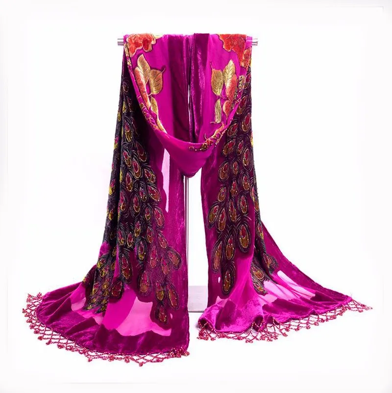 Винтажные бархатные шелковые шарфы с павлином в китайском стиле, Женская шаль с вышивкой бисером, длинный пашминовый палантин - Цвет: rose red