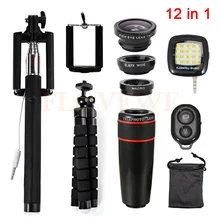 12in1 8x зум телеобъектив Fisheye Широкий формат макро Lentes штатив клипы Selfie Flash свет для iPhone 5 5S 6 6S 7 8 плюс