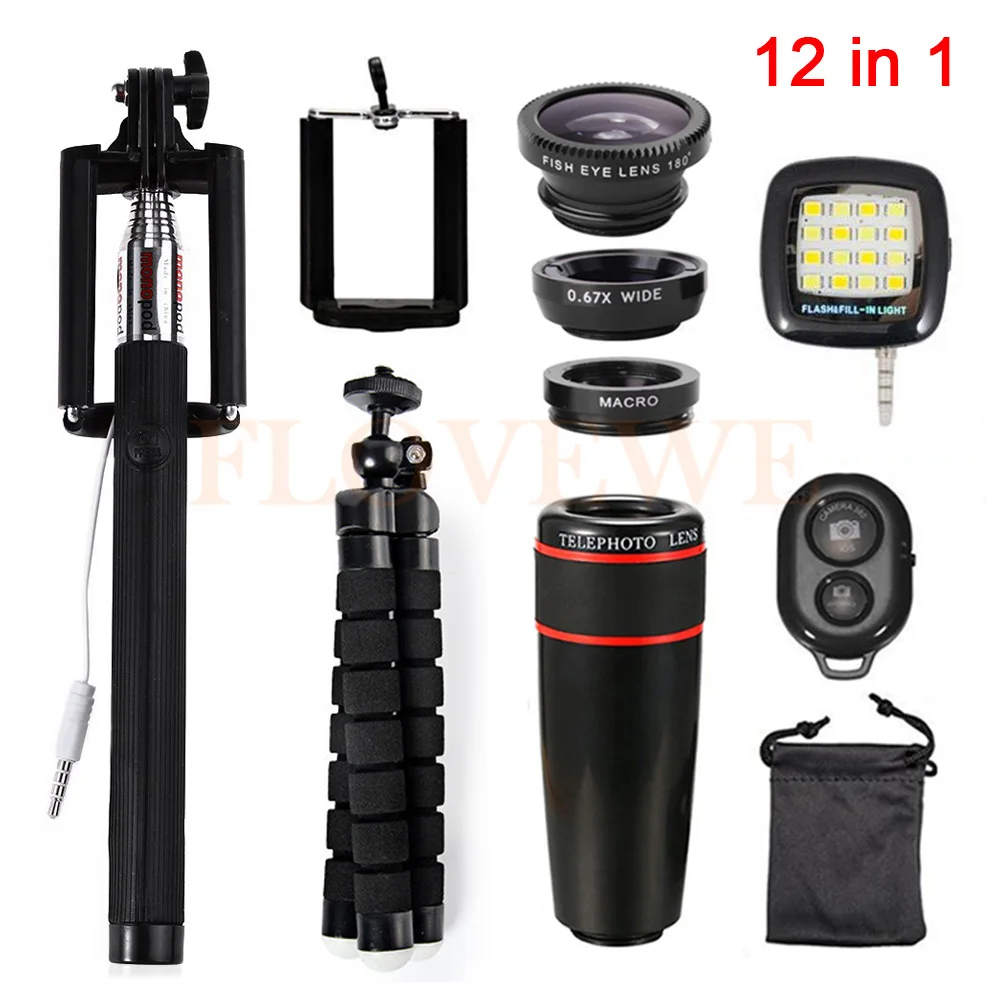 

12in1 8x Zoom Telephoto Lens Fisheye Wide Angle Macro Lentes Tripod Clips Selfie Flash Light For iPhone 5 5s 6 6s 7 8 Plus