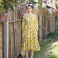 Mori Girl Стиль Винтаж Сладкий подсолнечника с цветочным принтом принять талии жидкости системы v-образным вырезом праздничное платье Лето Sprint леди платье