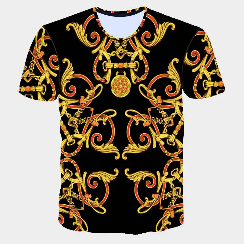 Fashion Brand Men Golden Flower T-shirt Summer 3D Print Blue T-Shirt Homme Short Sleeve Luxury Royal Baroqu Men Clothes Tops (3)