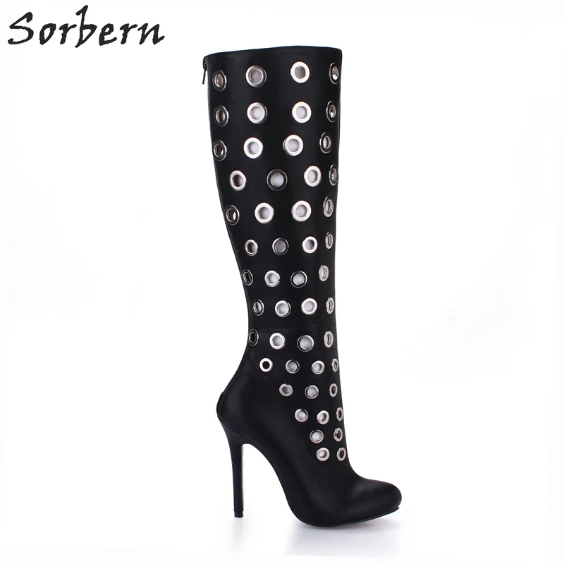 

Sorbern Black Metal Hole Knee High Women Boots Winter Platform Women'S Shoe Short Plush Inside Unique Shoes Ladies New Arrival